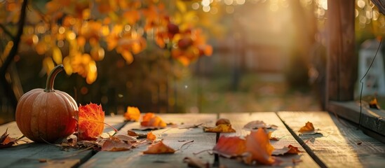Poster - Autumn Still Life with Pumpkin and Leaves on Wooden Table