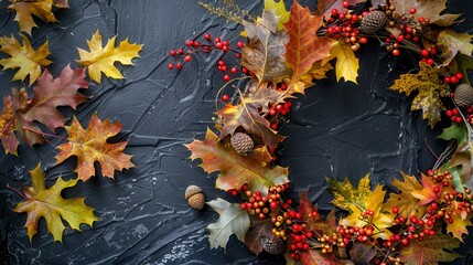 Poster - Autumn Wreath with Red Berries and Colorful Leaves on Dark Background