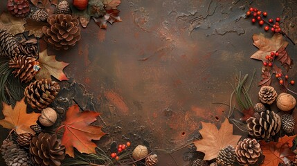 Poster - Autumnal Arrangement of Leaves Pine Cones and Berries on Dark Brown Background