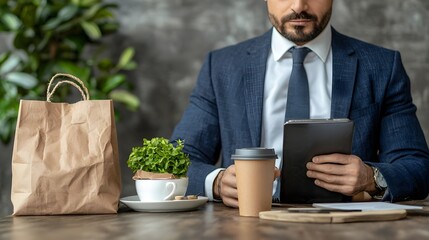 Poster - photograph of a broker reviewing investment trends and economic changes while seated at a cafe table