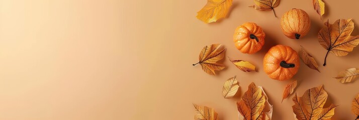 Poster - Autumnal Flatlay with Orange Pumpkins and Brown Leaves on a Tan Background