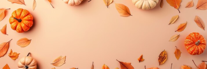 Poster - Autumnal Flatlay with Orange Pumpkins and Dried Leaves on Peach Background