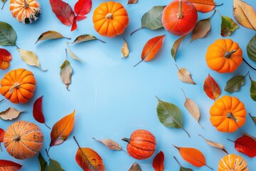 Poster - Autumnal Flatlay with Orange Pumpkins and Red Leaves on Blue Background