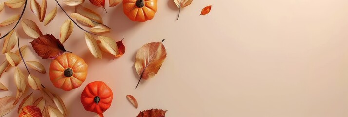 Poster - Autumnal Flatlay with Pumpkins and Gold Leaves on Beige Background