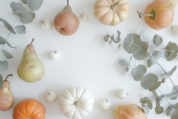 Poster - Autumnal Harvest Flatlay with Pumpkins Pears and Eucalyptus