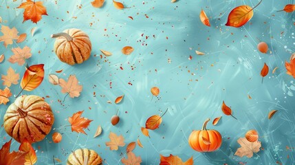Poster - Autumnal Pumpkins and Leaves on Blue Background
