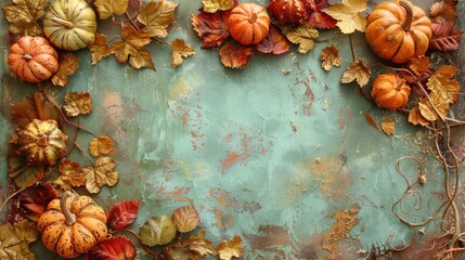 Poster - Autumnal Pumpkins and Leaves on Teal Background