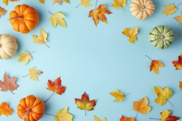 Poster - Autumnal Pumpkins and Maple Leaves on a Light Blue Background