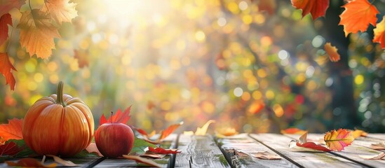 Poster - Autumnal Still Life with Pumpkin and Apple on Wooden Table