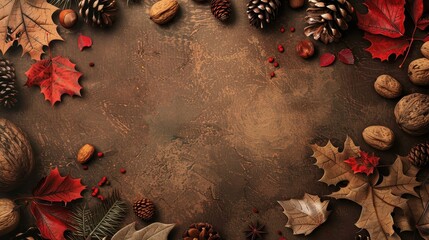 Poster - Autumnal Still Life with Red and Brown Leaves Pine Cones and Nuts on Dark Rustic Background