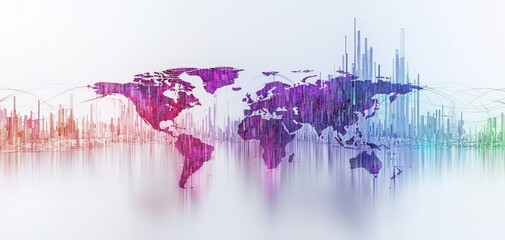 Poster - A vibrant, abstract world map illustration featuring data visualizations and colorful patterns representing global connectivity and analytics.