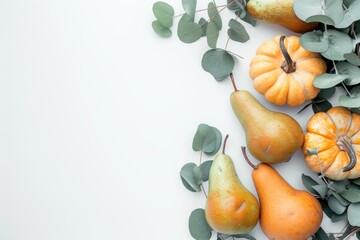 Poster - Golden Pears and Mini Pumpkins with Eucalyptus on White Background