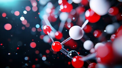 Poster - Abstract depiction of molecular structures with red and white spheres, representing atoms, against a dark background, emphasizing scientific concepts.