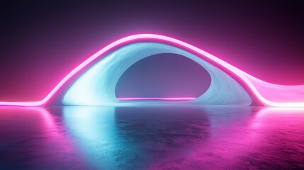 Poster - A futuristic, illuminated arch structure reflects vibrant pink and blue hues on a tranquil surface, creating a surreal and captivating atmosphere.