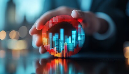 Poster - A hand holds a glowing sphere displaying a digital cityscape, symbolizing technology and innovation in urban development.