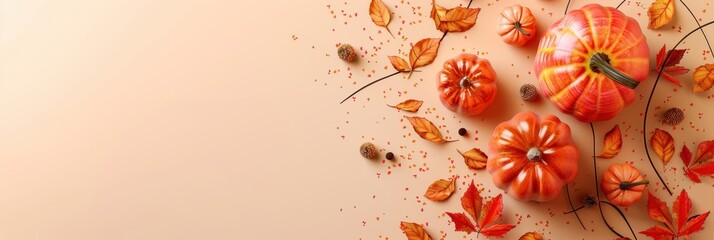 Poster - Orange Pumpkins and Autumn Leaves on Peach Background