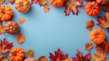 Poster - Orange Pumpkins and Red Maple Leaves Frame on Blue Background