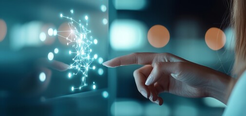 Poster - A hand reaches out to touch a glowing, interconnected digital display, symbolizing technology and interaction in a futuristic setting.