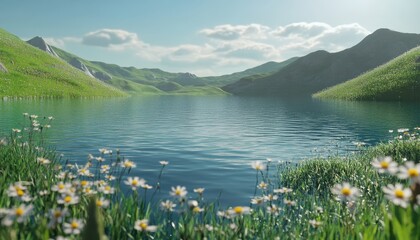 Aufkleber - Serene Mountain Lake Landscape with Daisies