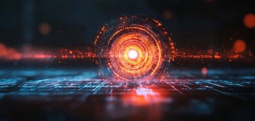 Fototapete - A vibrant, futuristic digital orb emanating light, surrounded by glowing patterns, representing technology and innovation.