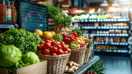 Aufkleber - photograph of a premium grocery store section featuring organic products with a semi transparent mar