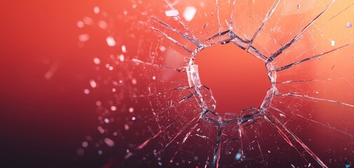 Poster - A close-up view of shattered glass, radiating outward from a central point, set against a blurred red background.