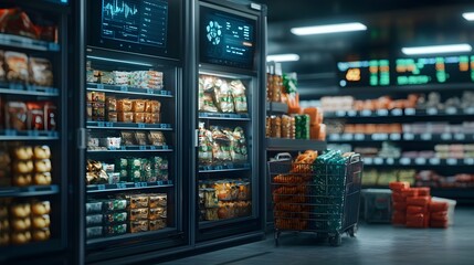 Poster - A cutting edge supermarket featuring AI driven product recommendations and a real time market display above the entrance