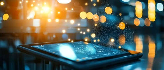 Poster - A sleek tablet displays digital data, surrounded by glowing orbs and particles, creating a futuristic ambiance in a tech-oriented environment.