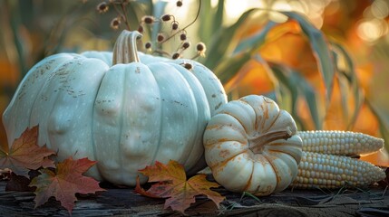 Aufkleber - White and Cream Pumpkins with Corn and Autumn Leaves