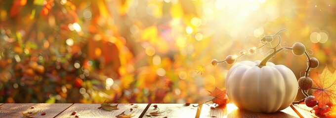 Poster - White Pumpkin on Wooden Table with Autumn Leaves and Warm Sunlight
