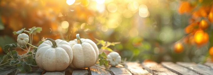 Poster - White Pumpkins on Wooden Table in Autumn Sunlight