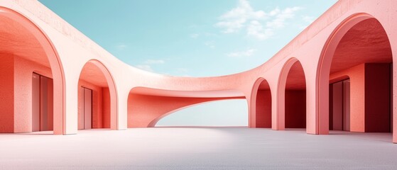 Poster - A modern architectural design featuring curved arches and a pastel color palette against a clear sky.