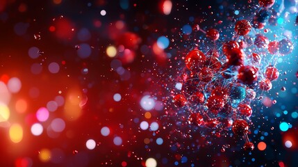 Fototapete - A vibrant abstract image featuring red particles amidst colorful bokeh lights, evoking a sense of energy and dynamic movement.