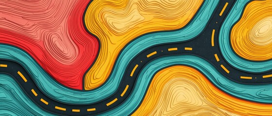 Poster - A vibrant abstract illustration featuring wavy lines in red, yellow, and blue, resembling a winding road through colorful terrain.