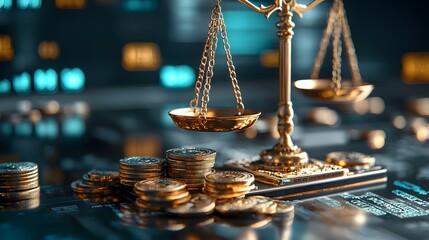 Poster - Digital balance scale with interest rate symbols weighing inflation and economic growth conceptual finance imagery for business investment and financial analysis