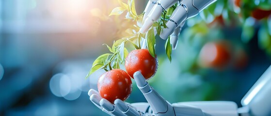 Poster - A robotic hand holds ripe tomatoes on a branch, showcasing the blend of technology and nature in a futuristic setting.