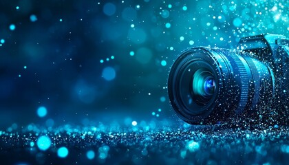 Poster - A close-up of a camera lens surrounded by shimmering blue bokeh and water droplets, creating a vibrant, dynamic visual effect.