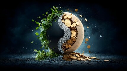 Poster - Conceptual of the yin yang symbol made up of inflation and interest rate icons representing the balance and contrast of economic forces that influence financial growth and decline