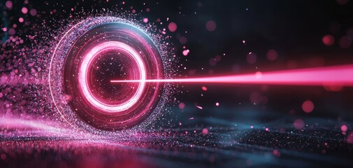 Fototapete - A vibrant, abstract image featuring a glowing circular shape emitting a pink laser beam amidst sparkling particles.