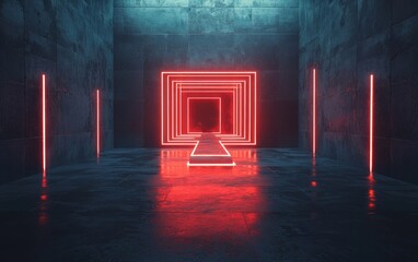 Poster - A futuristic, minimalist room featuring glowing red neon lights and geometric patterns on dark textured walls.