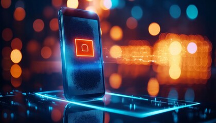 Poster - A smartphone with a lock icon glows amidst a backdrop of vibrant, blurred lights, symbolizing security and digital technology.