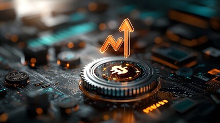 Poster - Neon arrows pointing upwards against a futuristic background displaying financial symbols and indicators of increasing interest rates  This image represents the concept of rising market trends