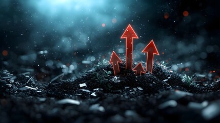 Poster - Neon arrows pointing upwards with financial symbols like dollar signs percent and other elements  This futuristic depicts the concept of increasing interest rates and economic growth