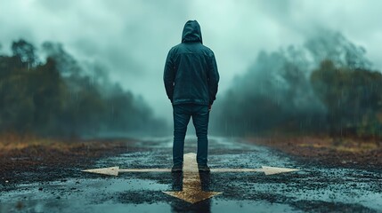 Poster - Person standing at a financial crossroads facing upward and downward arrows that symbolize the crucial economic decisions and their potential outcomes