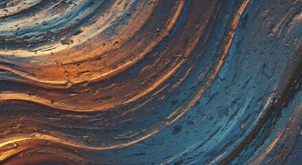 Poster - A painting of a wave with a blue and orange background