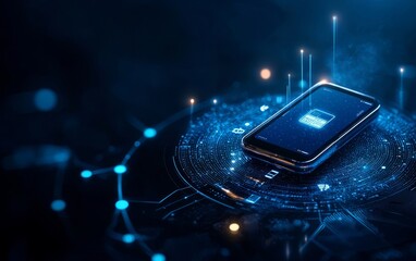 Poster - A sleek smartphone sits on a digital circuit background, symbolizing technology and connectivity in a futuristic setting.