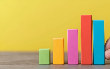 Poster - A vibrant arrangement of colorful blocks in ascending order on a wooden surface, set against a bright yellow background.