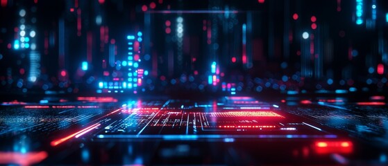 Poster - A futuristic digital landscape with glowing blue and red lights, resembling a high-tech circuit board or virtual environment.