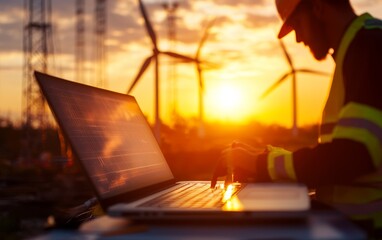 Poster - A silhouette of a worker using a laptop against a sunset backdrop with wind turbines, highlighting technology in renewable energy.