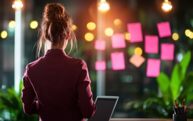 Poster - A woman stands with her back to the camera, looking at colorful sticky notes on a wall, in a dimly lit workspace surrounded by plants.